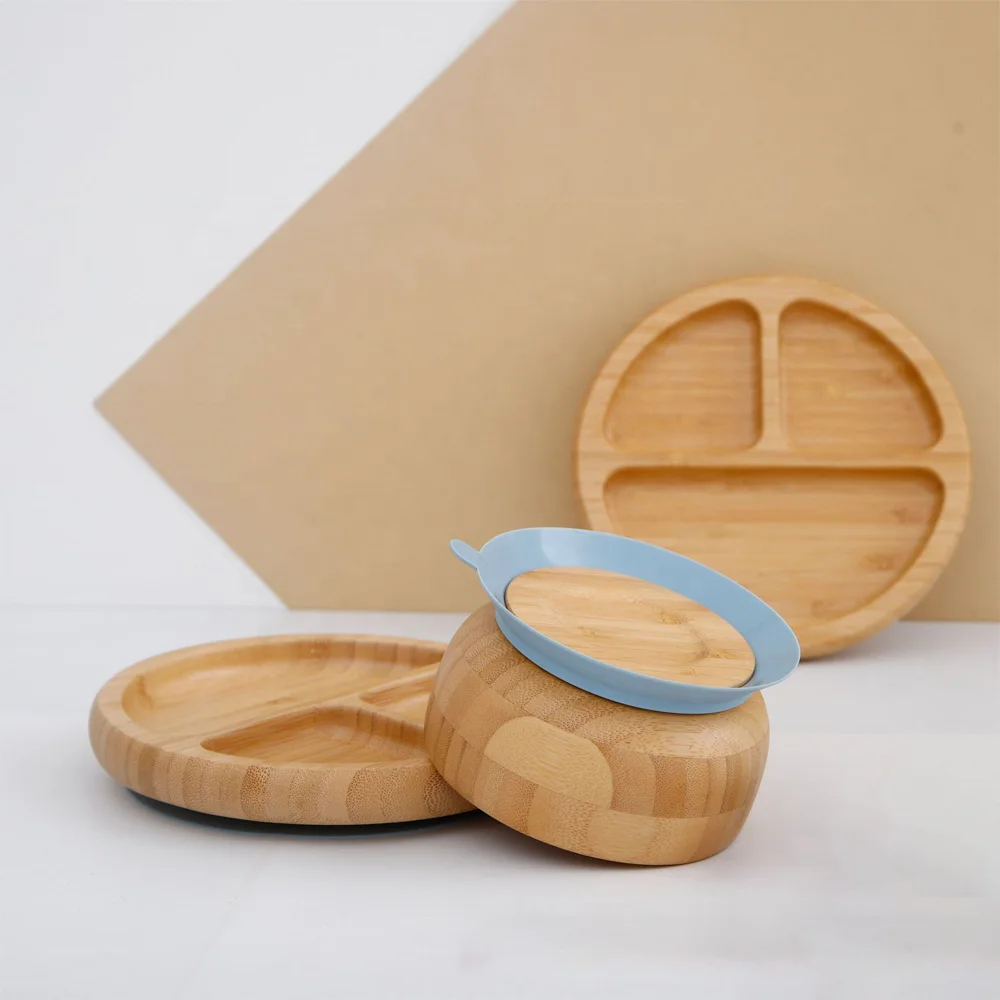 Silicone Suction Cup Fixed And Anti-slip Recycled Bamboo Plates Sets For Feeding Bowl Wooden Kids Kids Dining