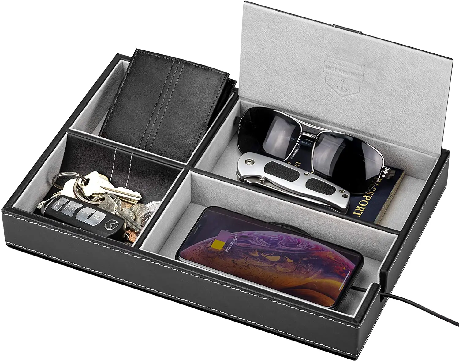 Wholesale PU desk organizer tray valet coin phone tray Drawer Storage Organizer 5 Divider for hotel home office