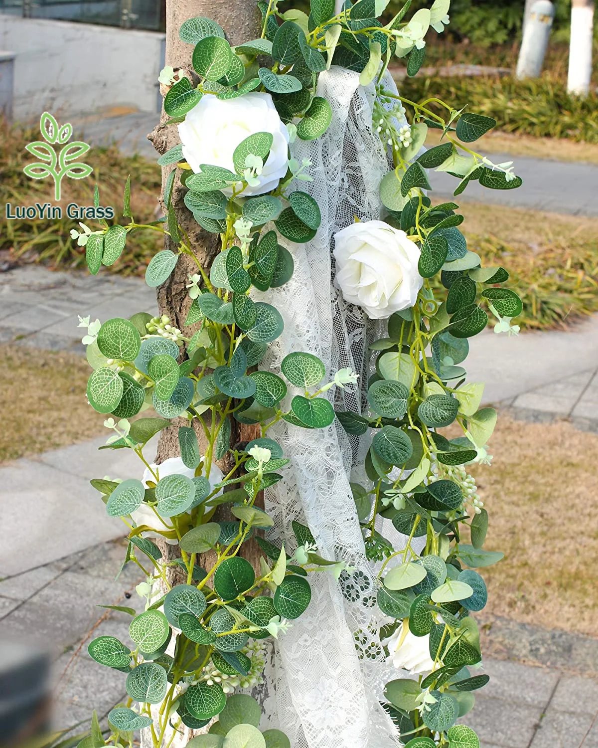 Eucalyptus Garland with White Ross 6Ft Artificial Vines Faux Silk Greenery Eucalyptus Leaves for Wedding Backdrop Decor