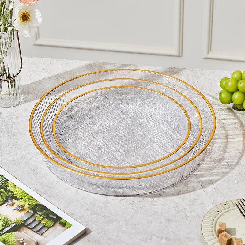 Gold-Painted Horizontal-Grained Glass Plate Transparent Western Food Salad Bowl Net Red Household Fruit Plate