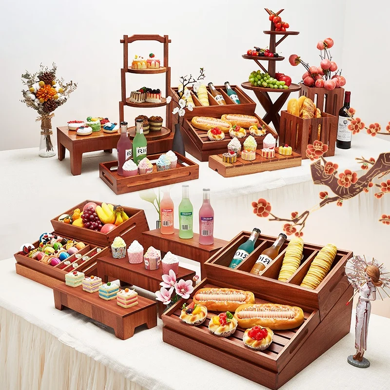 wedding banquet tabletop cup cake rack catering buffet food display kitchen dessert wooden stands