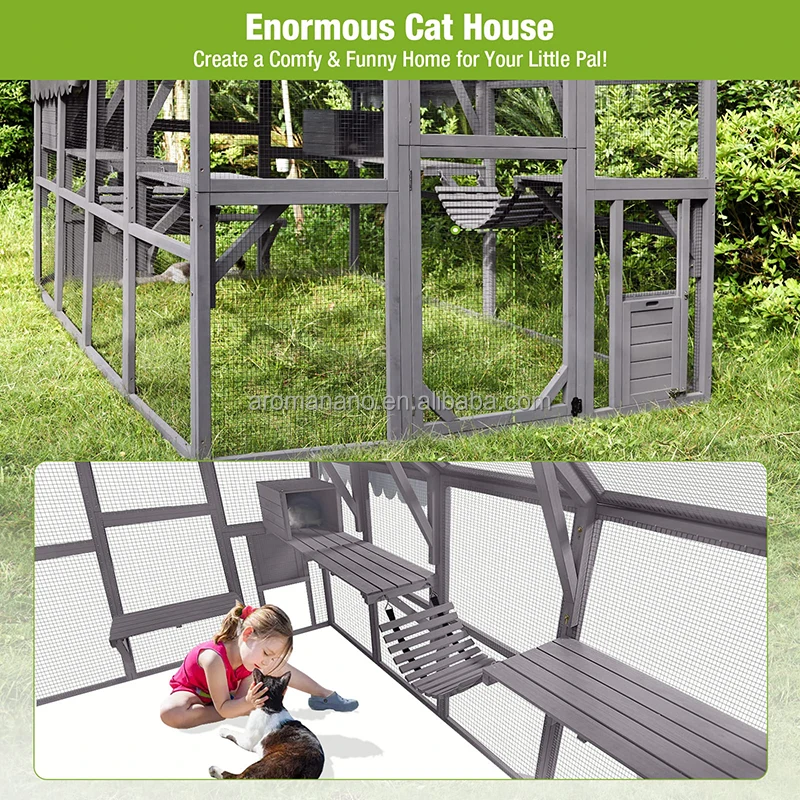 Large Cat Run Wooden Cat Houses Outdoor Enclosure, Catio Cat Cage Kitten Condo-Backyard Run Cage for Pets, Weather Proof Cover