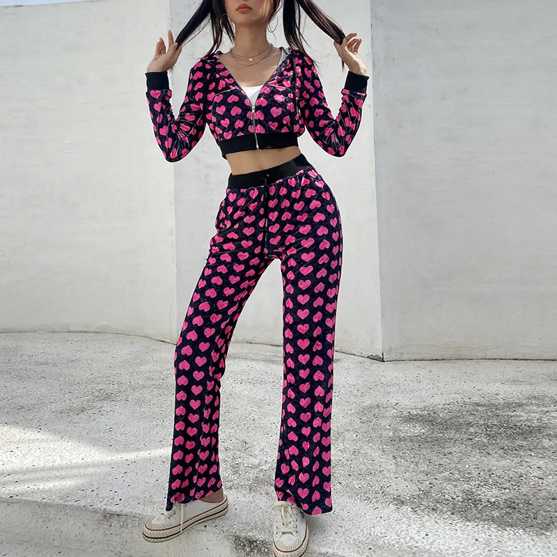 Sexy Casual Loose Top Zipper Velvet Hoodie Sweater Lace-Up Trousers Sports And Leisure Two-Piece Suit For Women