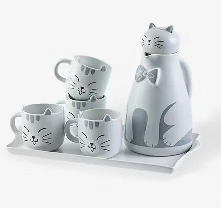 Cute cat ceramic water Set Cartoon Japanese simple office home afternoon tea kettle with tray set christmas gifts