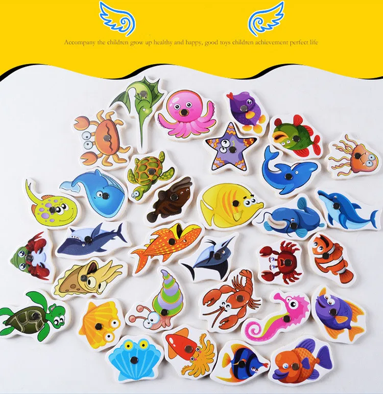 Wooden Magnetic Toys 32 Piece Fishing Game Parent Child Double Pole Puzzle Toy For Kids