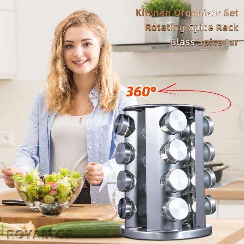 hot sale color box blister rotating spice rack 12 jars glass spice jar bottle organizer set with stainless steel carousel stand
