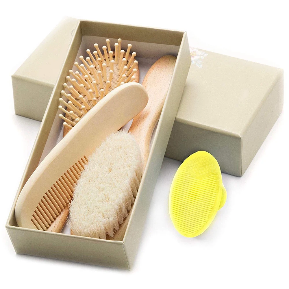 High Quality Natural Soft Goat Bristles Wood Baby Hair Extension Brush Newborn Wooden Baby Brush and Comb