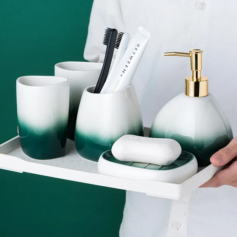 6Pcs Luxury Nordic Green White Ceramic Tray Lotion Pump Bottle Soap Dish Toothbrush Holder Tumbler Bathroom Accessories Set