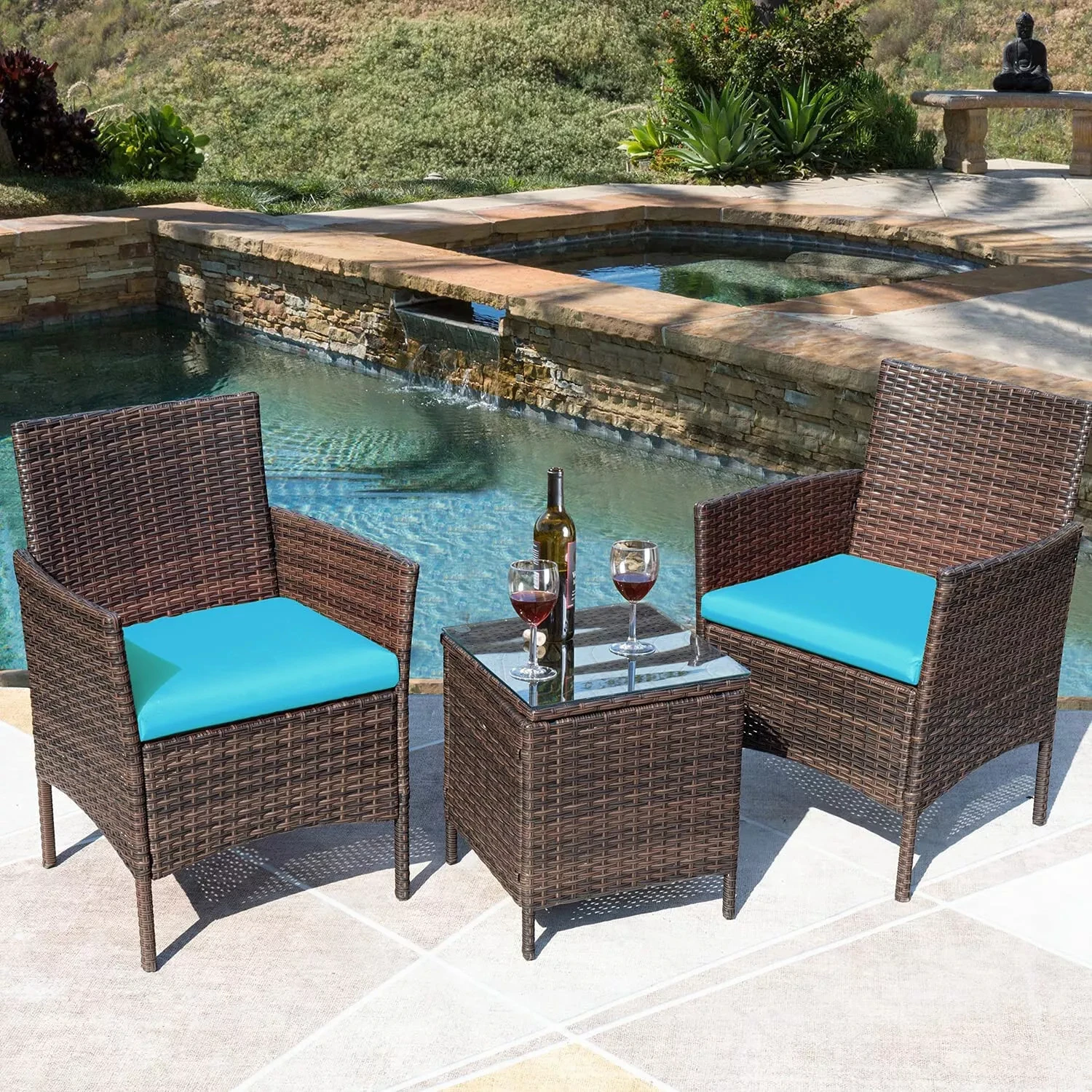 Modern 3-Piece Patio Conversation Set Outdoor PE Rattan Wicker Sofa for Dining Steel Frame Table with Chairs