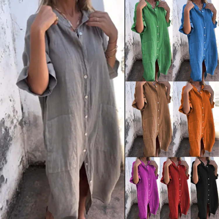 2024 New European Style Loose Casual Half Sleeve Cotton Linen long Shirt Dress Women