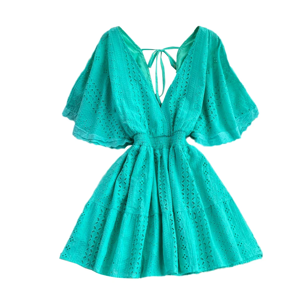 Boutique Wholesale 2023 Summer and Korean Fashion Hollowed-out Deep V-neck Waist Show Thin Ruffle Sleeve A-line Dress