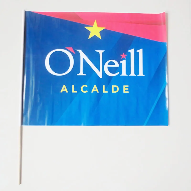 Custom logo printed PE hand flags with wooden pole for Puerto Rico
