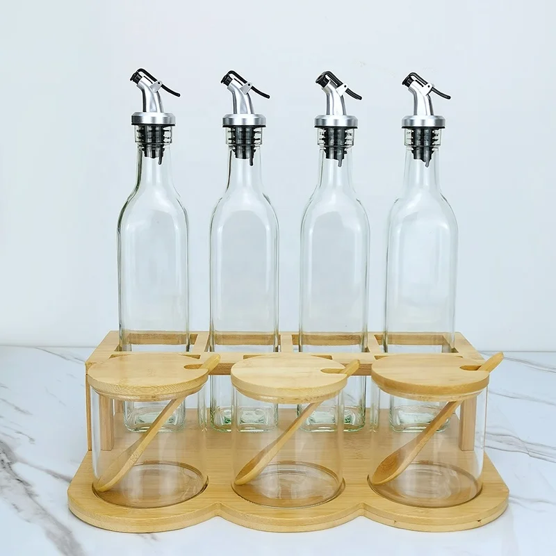 seasoning glass oil bottles and glass spice jars with wooden holder set.jpg