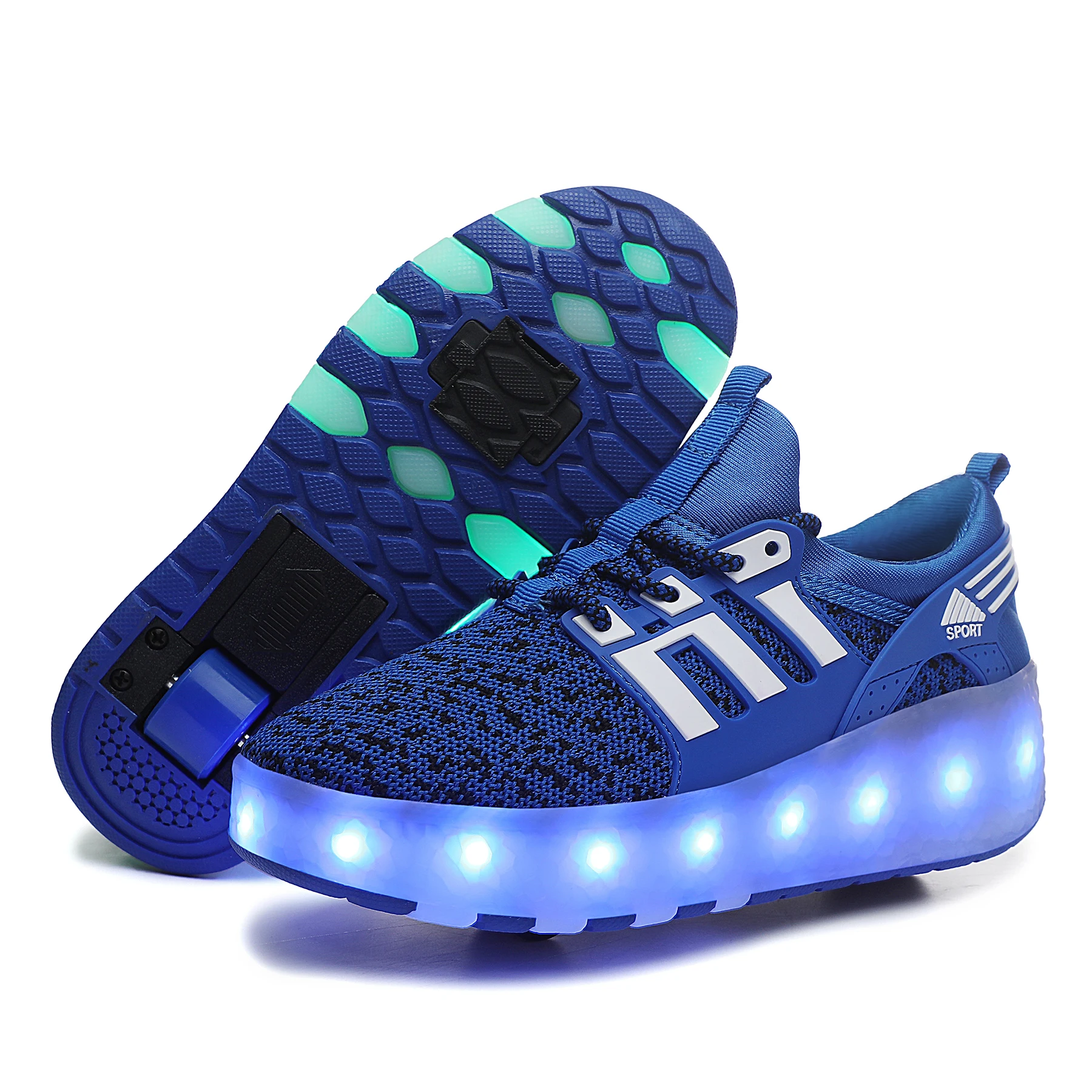Wholesale Kids Sneakers Children Baby Girls Boys Letter mesh Led Luminous Sports  Remote control light  roller shoes  B904