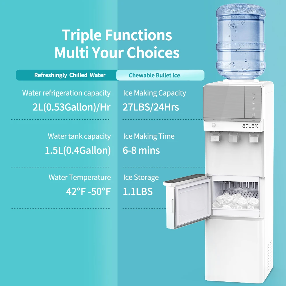 3 in 1 Water Dispenser with build in ice maker 3 Temperature Touching Control Panel 12kg Ice Cube per day Compressor cooling