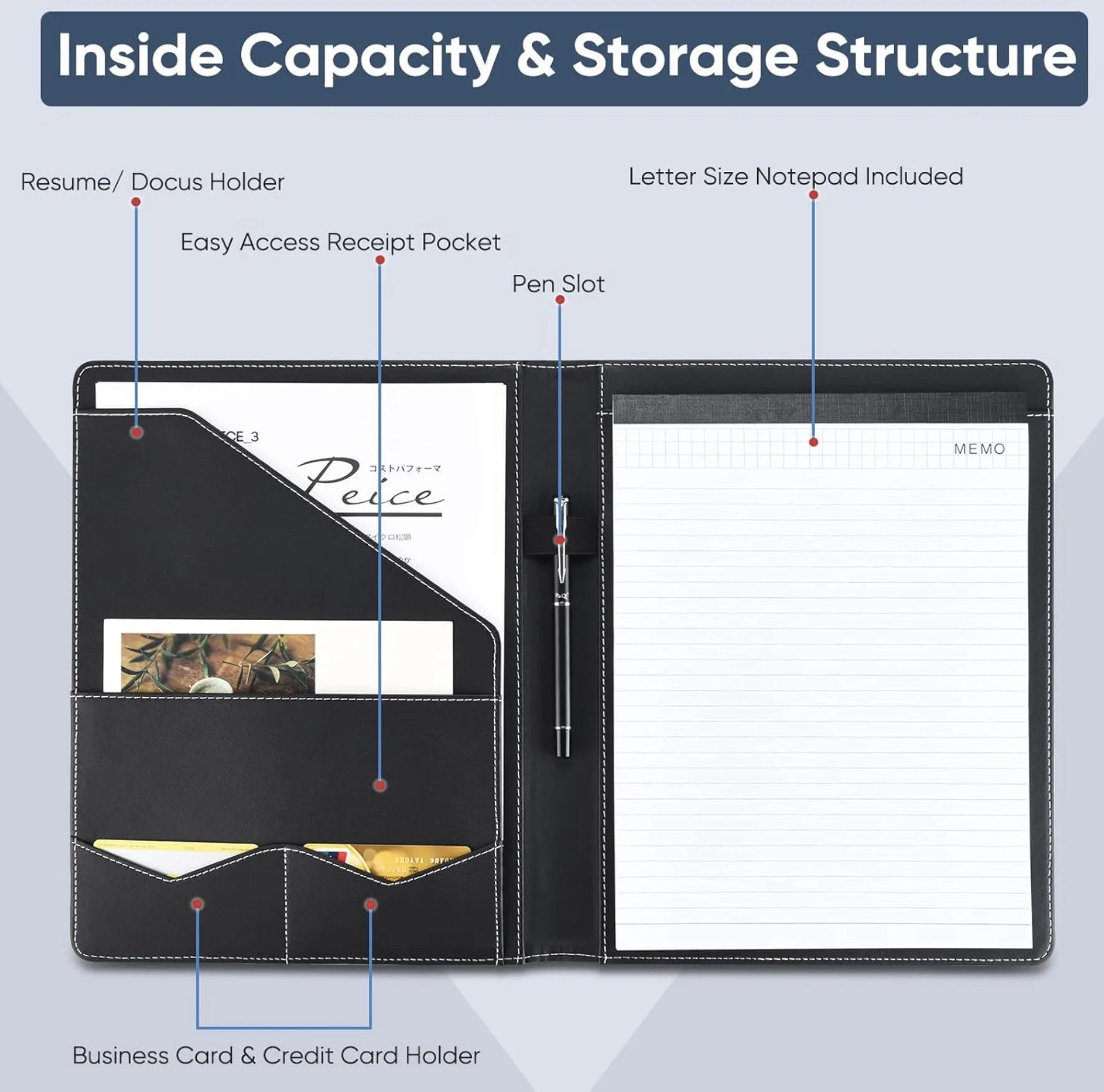 A4 PU Leather Padfolio Folder with Clipboard Pen Holder and Card Case-File Pockets Product