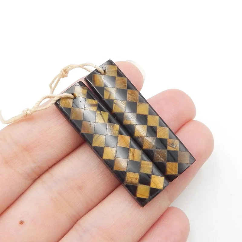 Women Unique Mosaic Pattern Earrings Pendant Gemstone Tiger eye and Obsidian