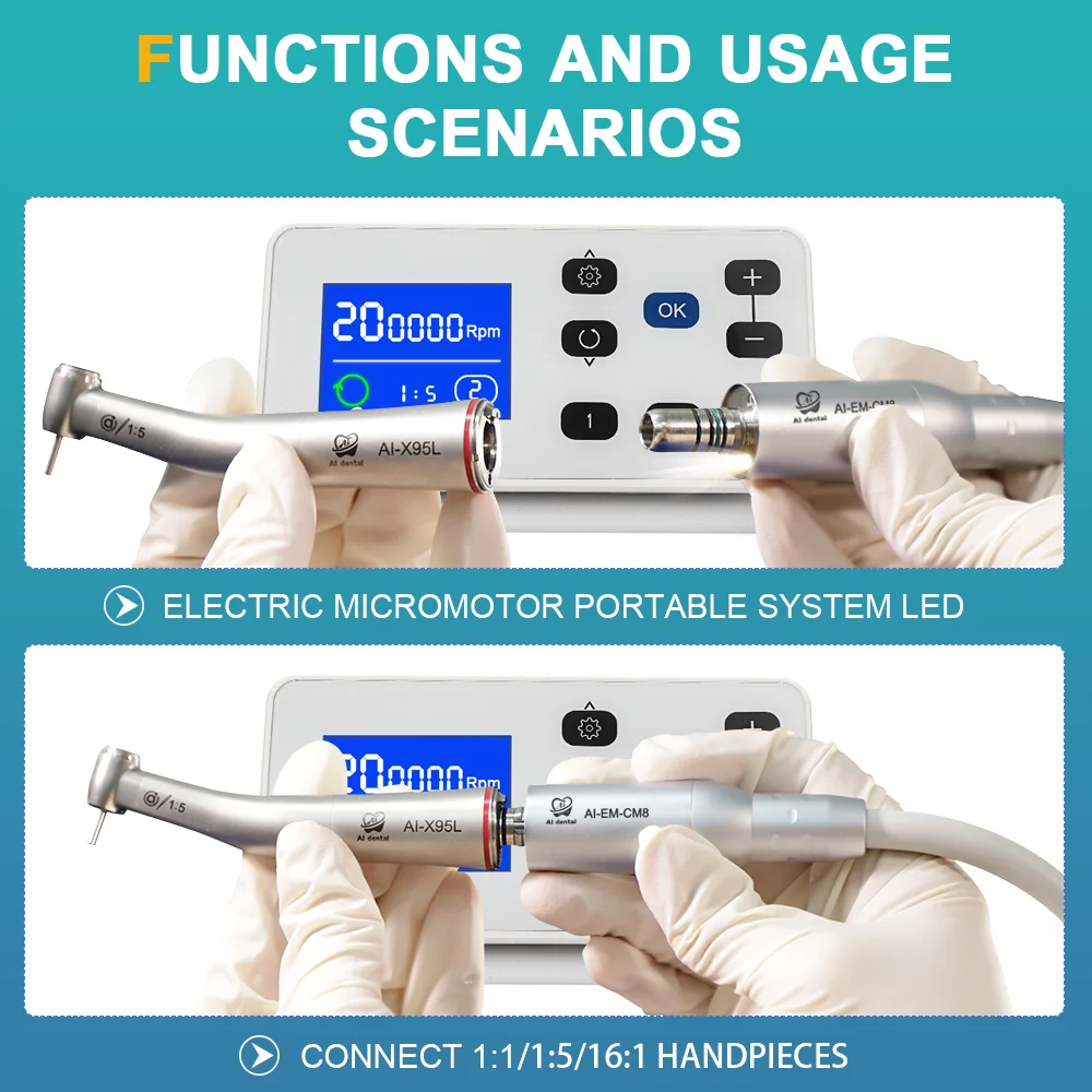 AI-EM-CM8 16:1/1:1/1:1.5 Three Optional Settings LED Dental Electric Brushless Motor Equipment with 2/4 Holes turbine connector