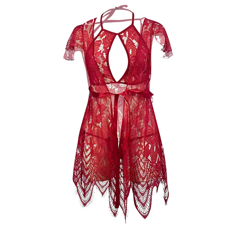 Wholesale nightwear gold orchid lingerie women sexy women embroidery lace two piece halter neck lingerie sets with robe