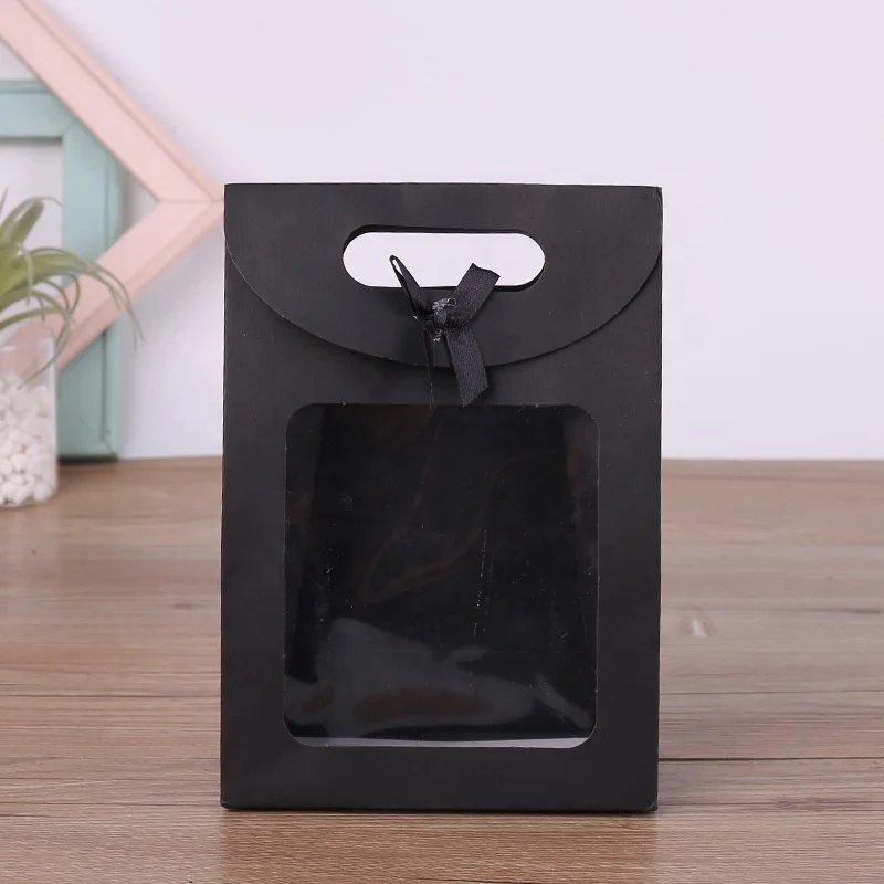 White and black window flap bow Velcro gift bag kraft paper packaging bag