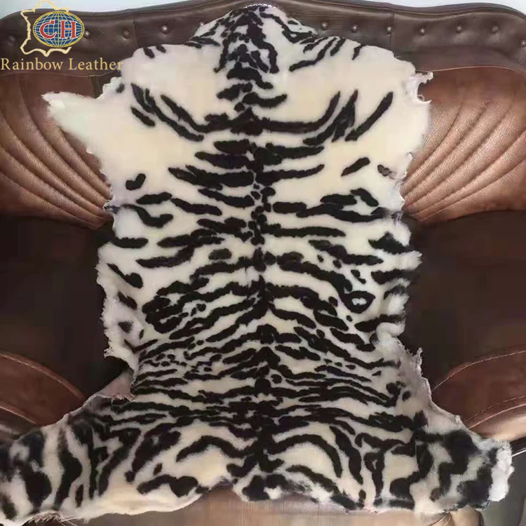 Real sheepskin fur rug long pile tiger shape printed animal genuine leather rug
