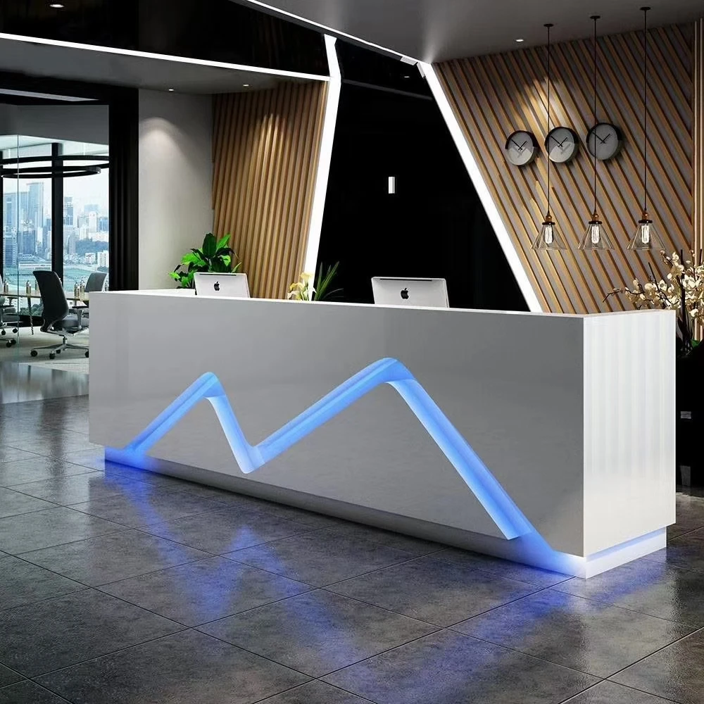 Современная твердая светодиодная передняя стойка для гостиничного салона спа-кассир из белого дерева со стойкой продажи