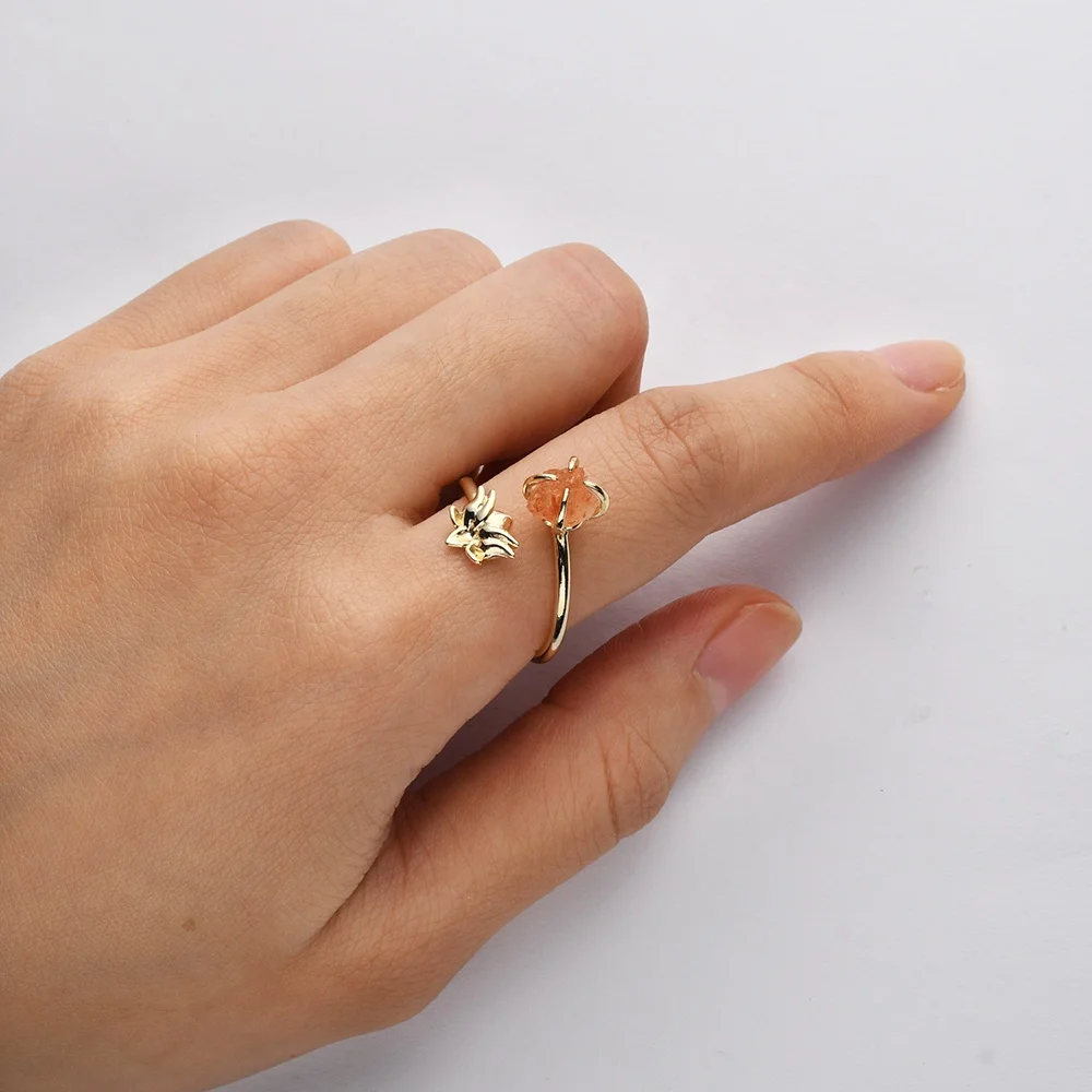 ZS0488 позолоченное регулируемое Лотос Исцеление Кристалл Ювелирное кольцо настоящий камень