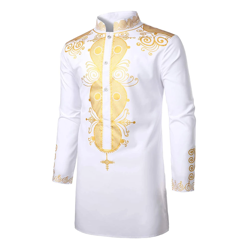 Мужская африканская традиционная Дашики Роскошная золотая рубашка с принтом средней длины для свадьбы Дашики для мужчин