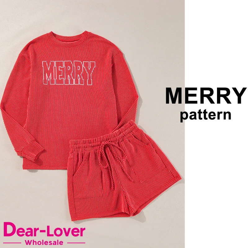 Dear-Lover Wholesale OEM ODM Corded Christmas Letter Graphic Knitted Casual Corded Long Sleeve Top And Pants Two Piece Set