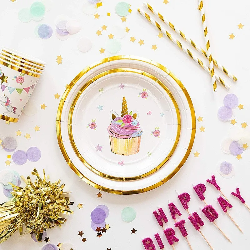 New Hot Stamping Unicorn Birthday Party Tableware Set 10pcs Holiday Supplies Disposable Paper Cups Plates