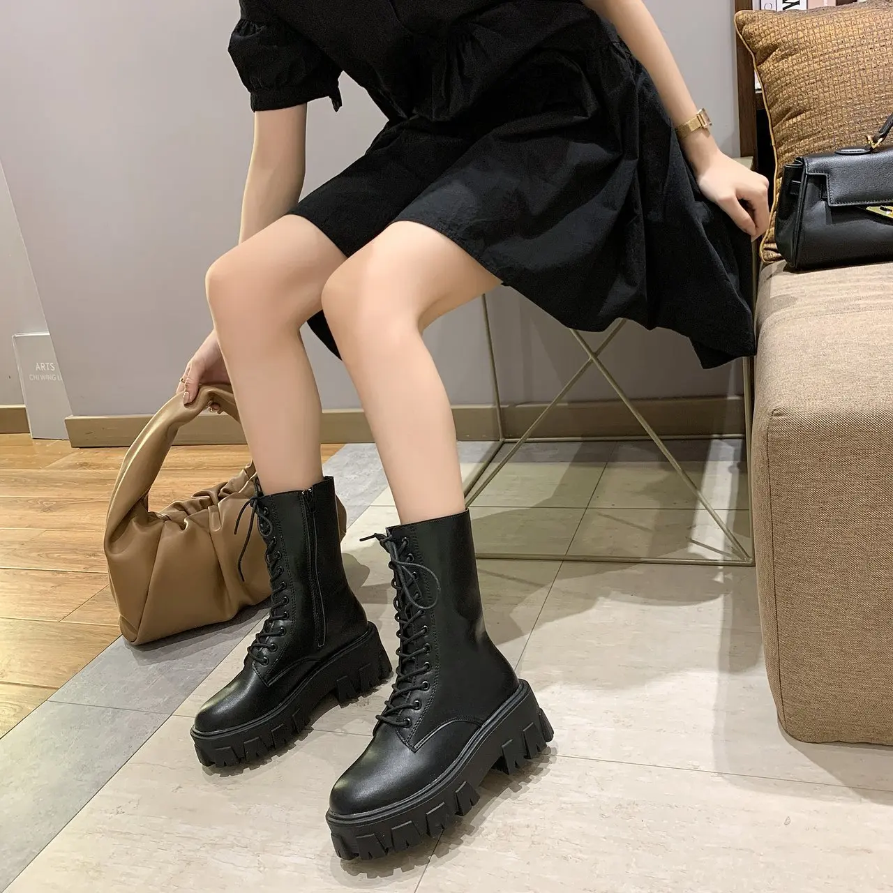 Fashion Lady Luxury Genuine Leather Platform Goth Ladies Martin High Heel Lace Up Ankle Boots Women