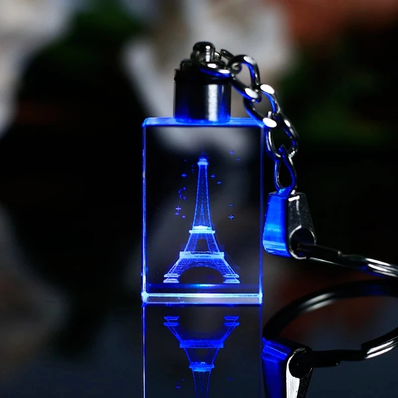 Hot Sale Creative Glow Keychain 2021 Fashion Colorful Fairy Tower Pattern Cube Shape Rhinestone clear Crystal LED Light Keyring