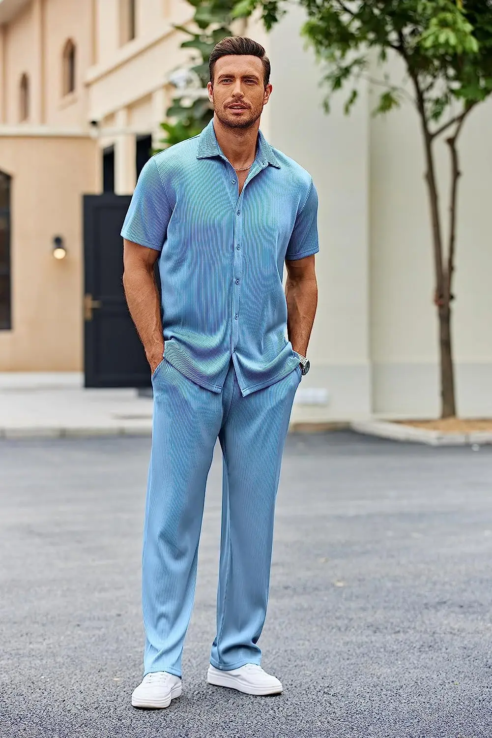 2024 Men Summer Hot Sale Casual Suits Button Solid Color Shirt + Long Pants 2 Piece Set Short Sleeve Tops Casual Suits