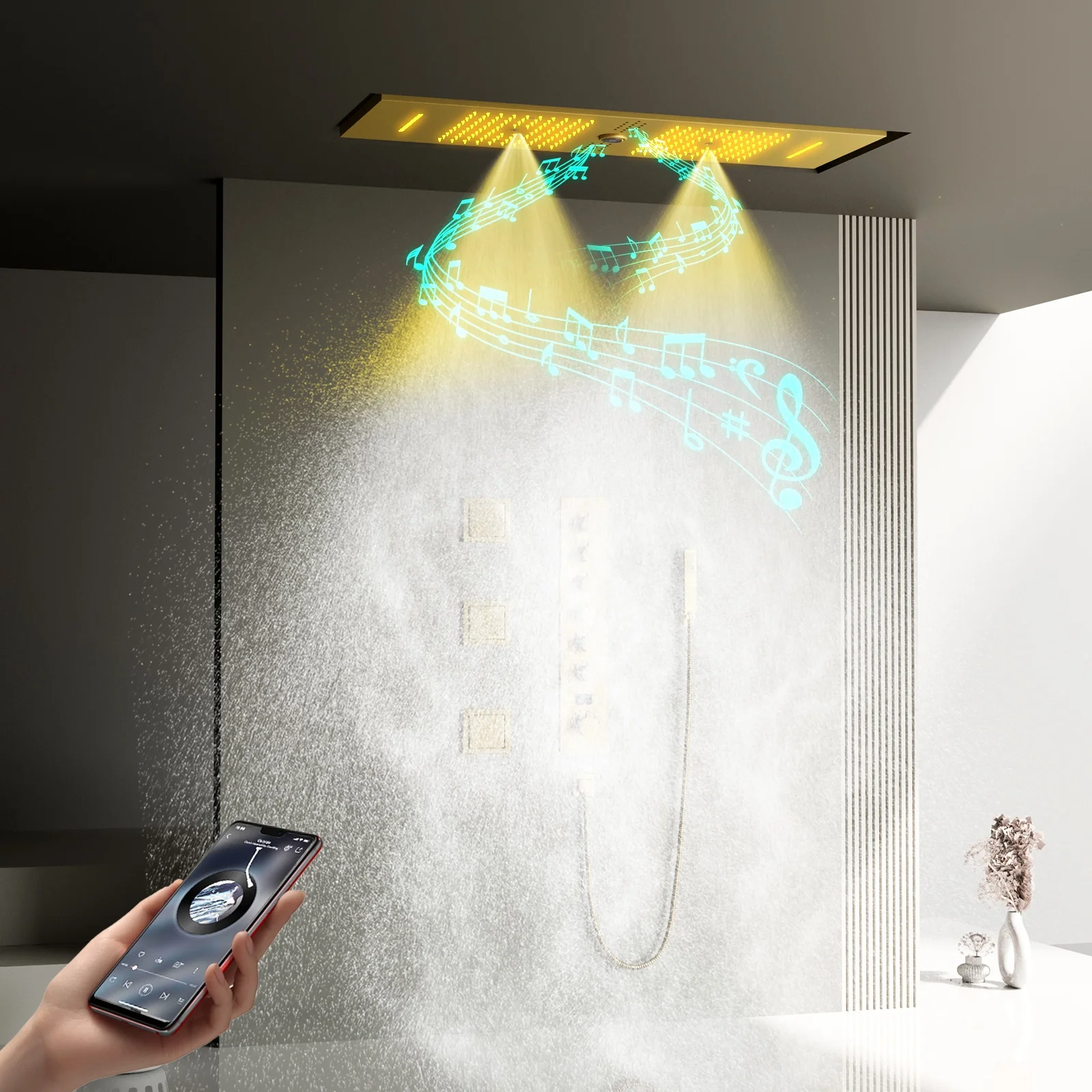 Ceiling LED Music Shower System 900*300mm Shower Head Mist Rain and Waterfall Cold and Hot Digital display Shower Faucet Set