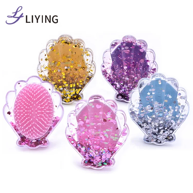 Private label mermaid shell shape hair brush liquid glitter bling customize hair detangle brush