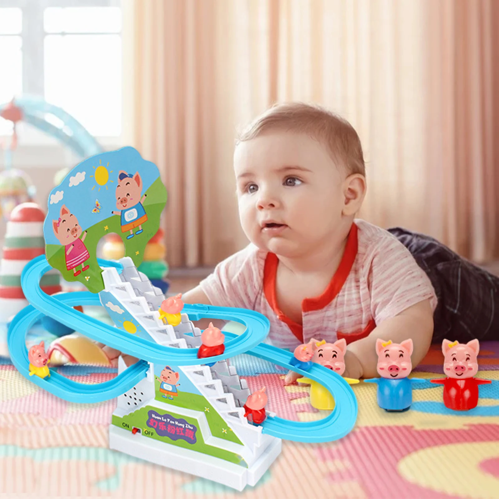 Amazon Hot Selling Duck Climbing Stairs Yellow Rail Car Toys Electric Slide Music Lights Educational Toy Boys and Girls Toys