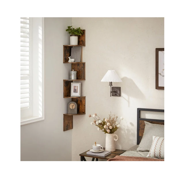 Rustic 5 Tier Wooden Zig Zag Corner Wall Shelf Floating Corner Bookshelf For Living Room