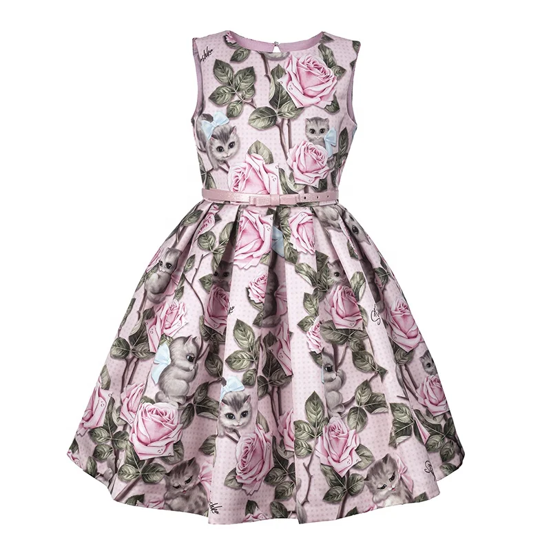 High Quality Rose Print Belt Pink Party Princess Dress For Kids Girls 2 To 12 Years Old