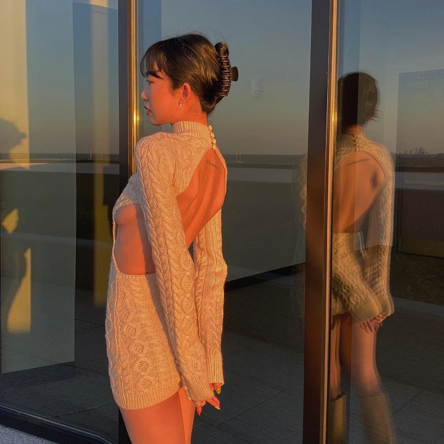 Nibber W21D02905 2021 Fall Winter Luxurious Christmas Wear Outfit Mini Knit Dress Women Clothing Basic Sexy Backless Wool Dress