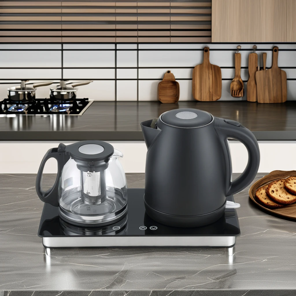 Temper Glass Tray Set Combination  Electric Kettle Temperature-control  Digital Hotel Tea Tray Set Blue Led Light