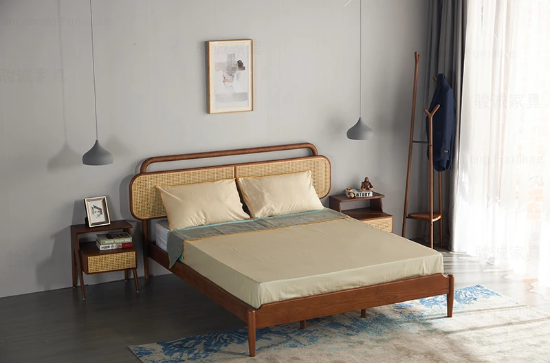 Wholesale Hotel Bedroom Solid Wood Bed Frame Modern Furniture Double Wooden Woven Rattan Cane Beds