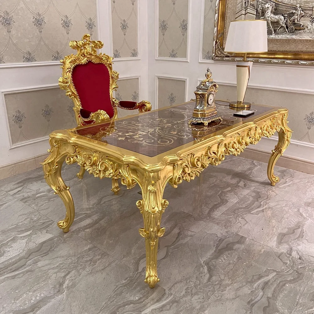 Royal classic gold leaf color solid wood hand carved home office furniture set