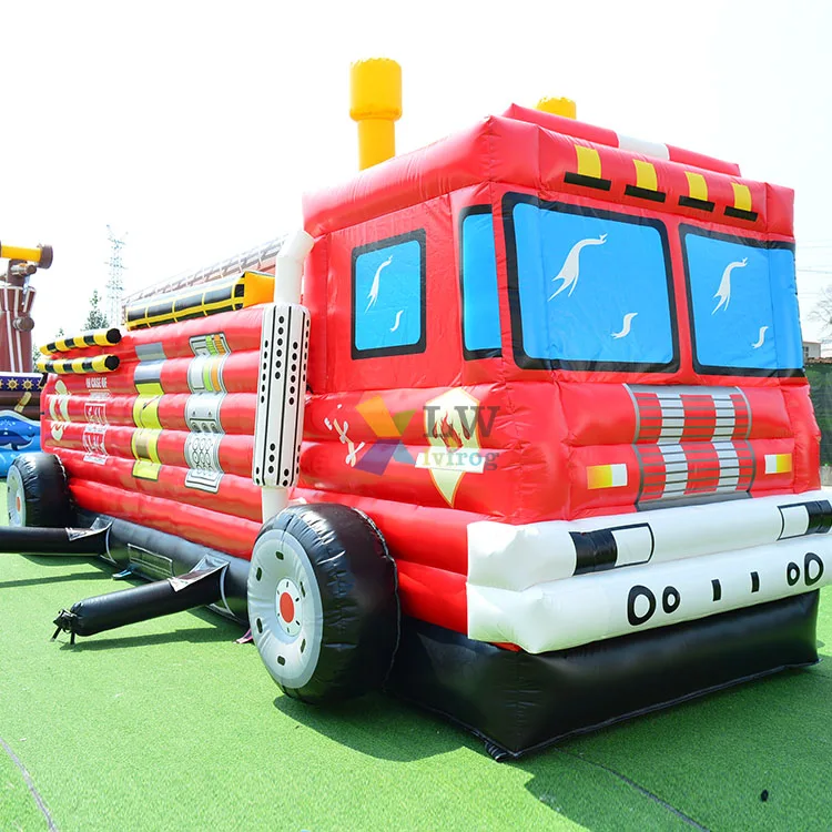 Factory sale Inflatable bouncer firetruck obstacle 3 in 1 game fire truck bounce house with slide commercial