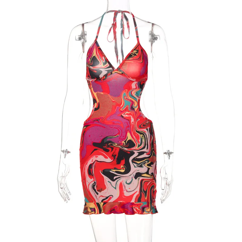 Summer New Print Party Sexy Backless Lace-Up Side Cutout Bodycon Mini Dress Women Y2K