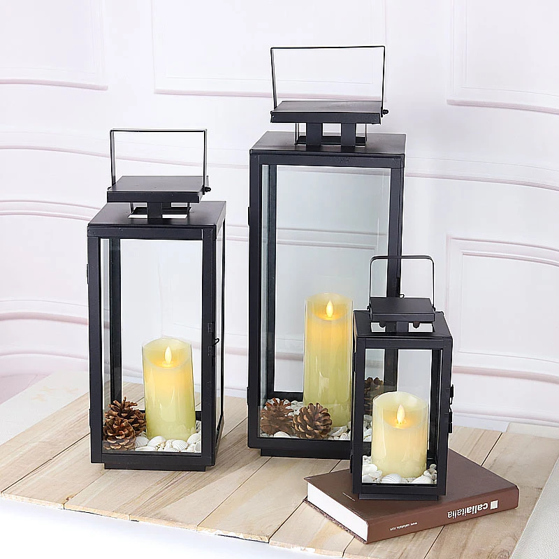 2022 Hot selling classic outdoor glass floor metal lantern garden decoration model candle holder ornaments iron wind lanterns