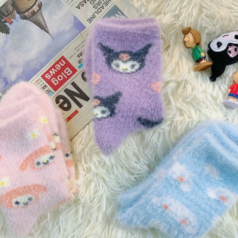 Носки Мультяшные аниме Sanrios Cinnamoroll Kuromi My Melody осенне-зимние носки милые теплые детские рождественские подарки