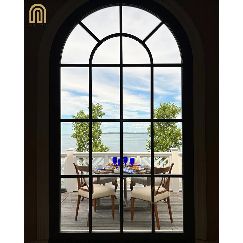 Alucasa America Customized Specialty Shape Windows Black Color Design Aluminum Tempered Glass Arch Shaped Windows