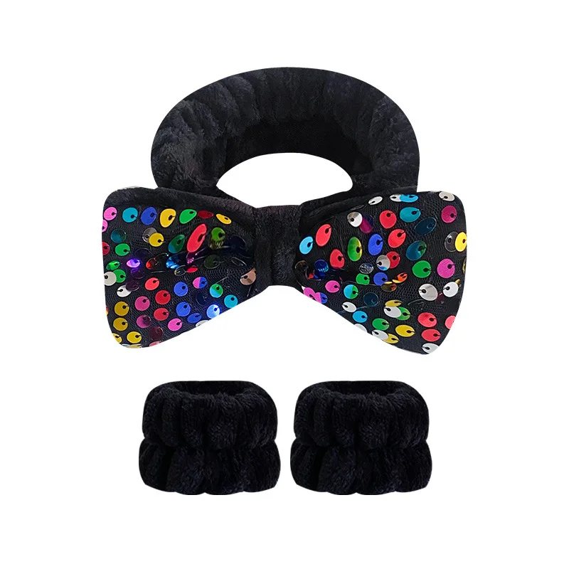 OEM Korean Sequined Bow Hair Ties Wristband Flannel Wide Brim Plush Elastic Hair Bands Women Face Wash Headbands Wrist Band