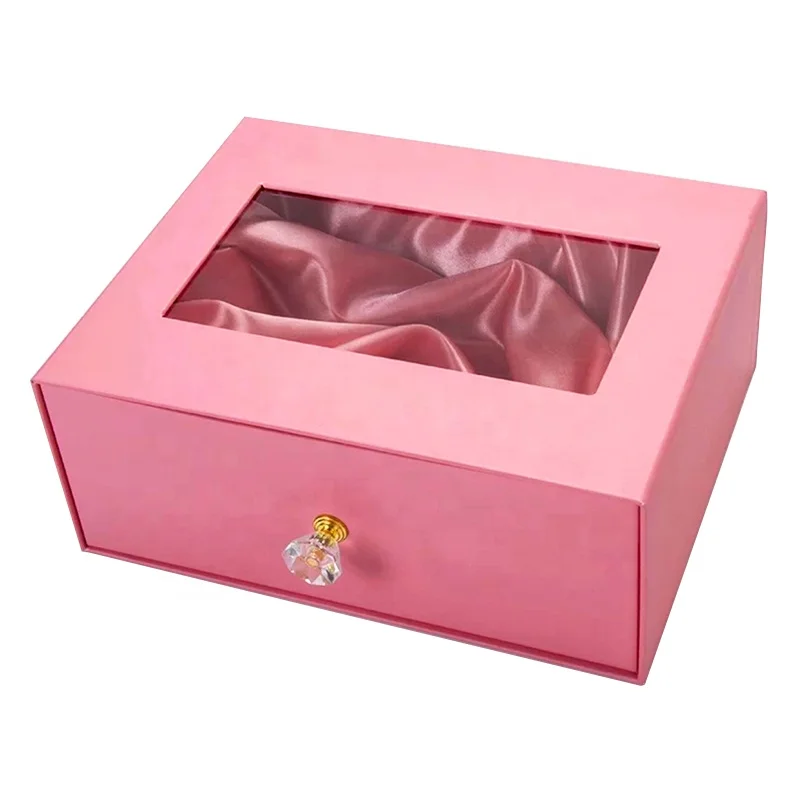 
Luxury hair extension gift or wigs packaging drawer boxes with crystal handle and silk inside 