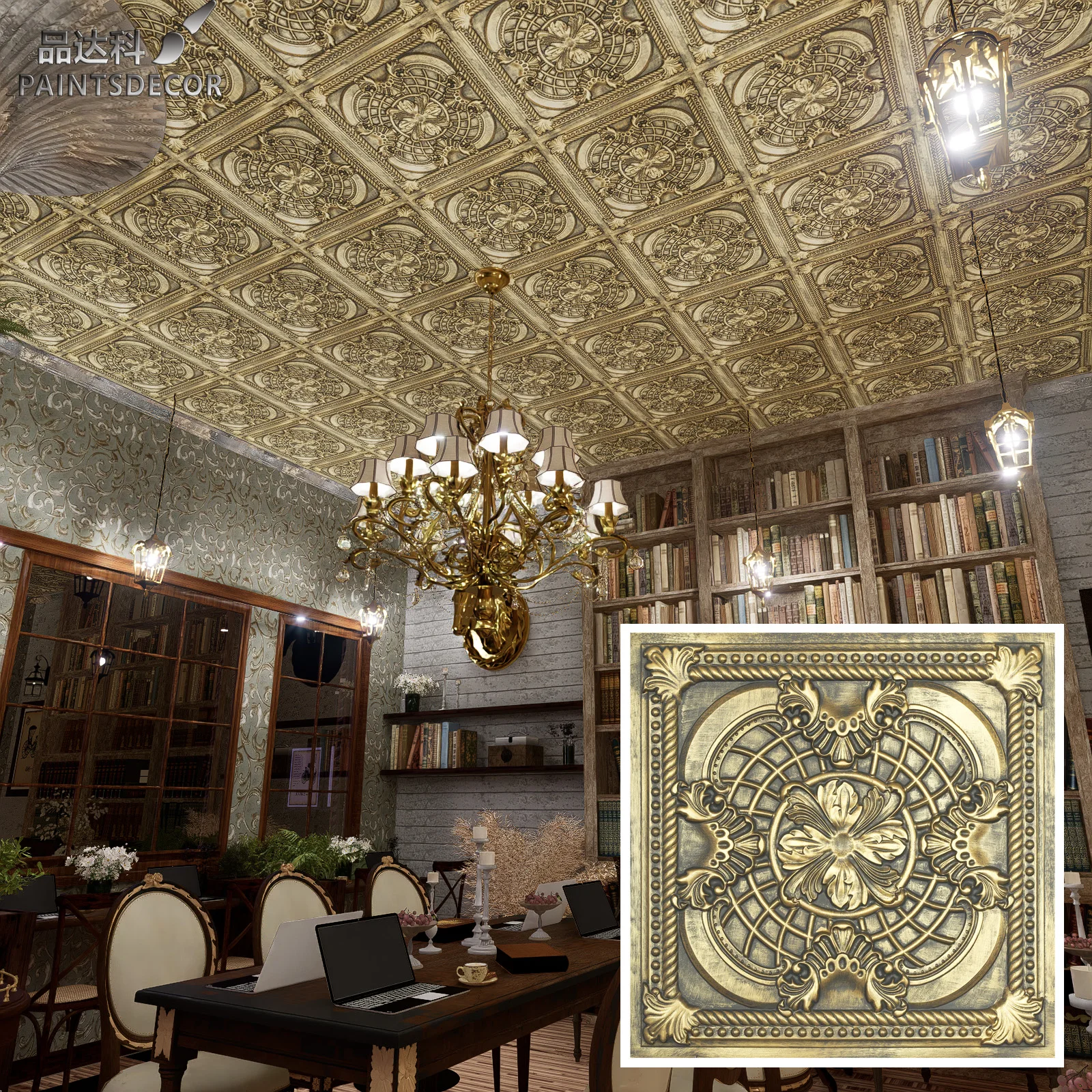 Paint distressed Plastic ceiling boards Decorative ceiling panels for Cafe Club Public house PL31Ancient gold
